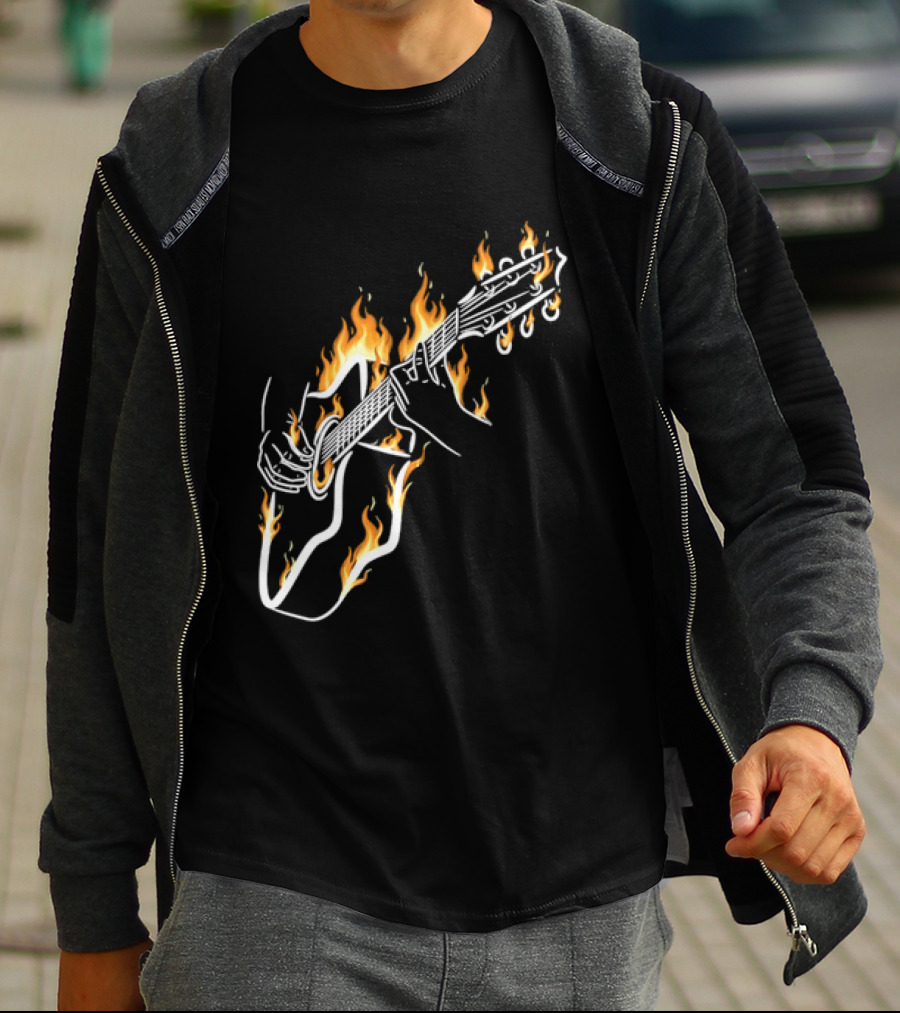 Musician Hands Flaming Acoustic Guitar White Line Artistry T-Shirt