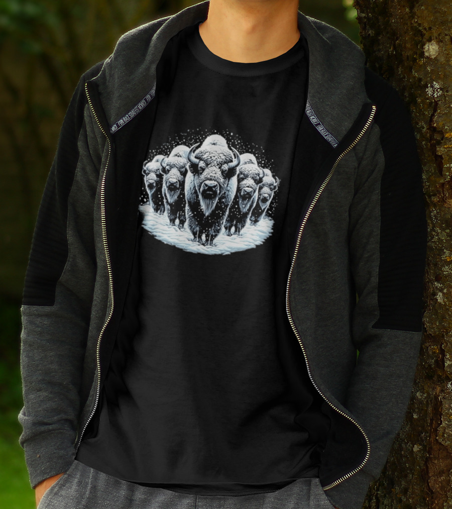 Five Snowbound American Bison Herd Winter Blizzard Snowdrift T-Shirt