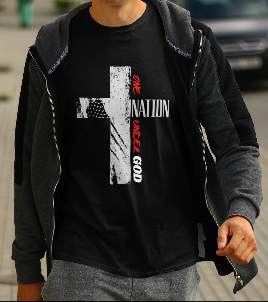 One Nation Under God Distressed Cross American Flag Stars T-Shirt