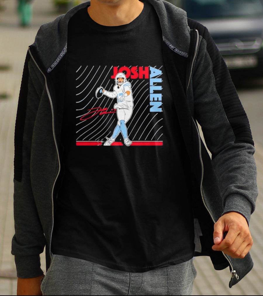 Josh Allen Quarterback Throwing Football Wavy Line Illustration With Bold Name T-Shirt