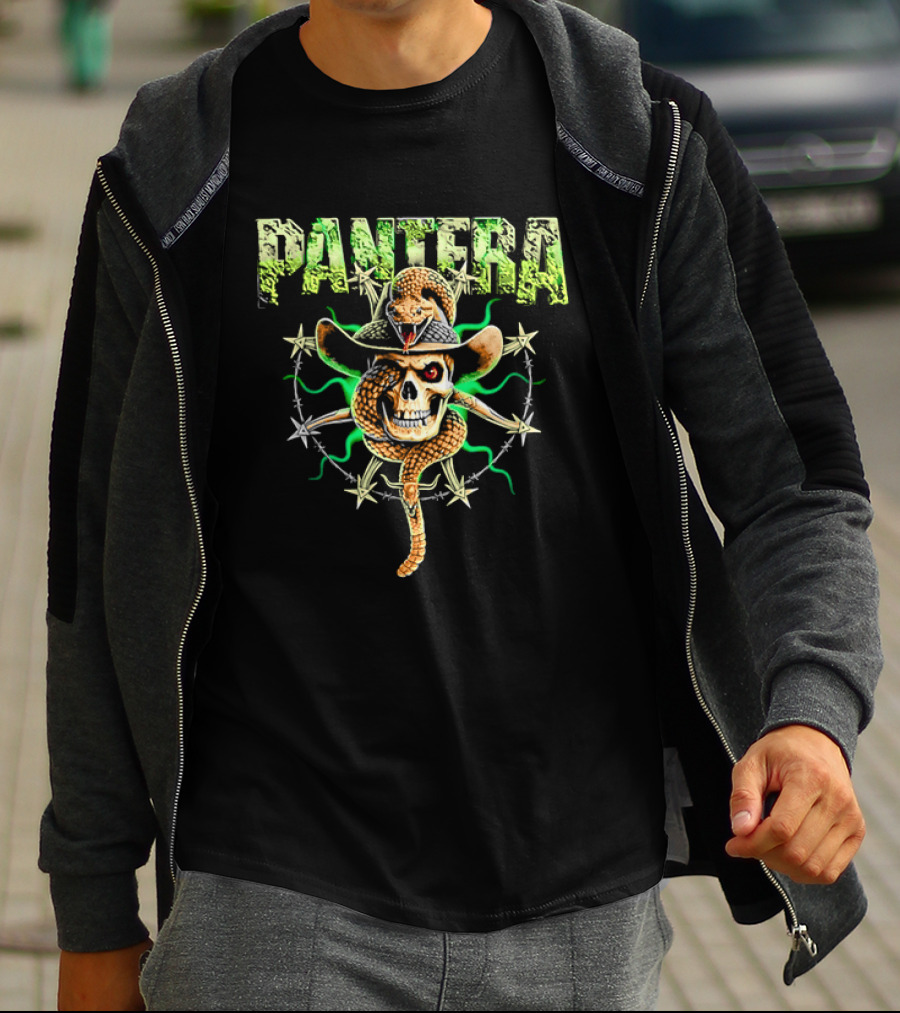 Pantera Rattlesnake Coiled Skull Cowboy Hat Green Glow T-Shirt