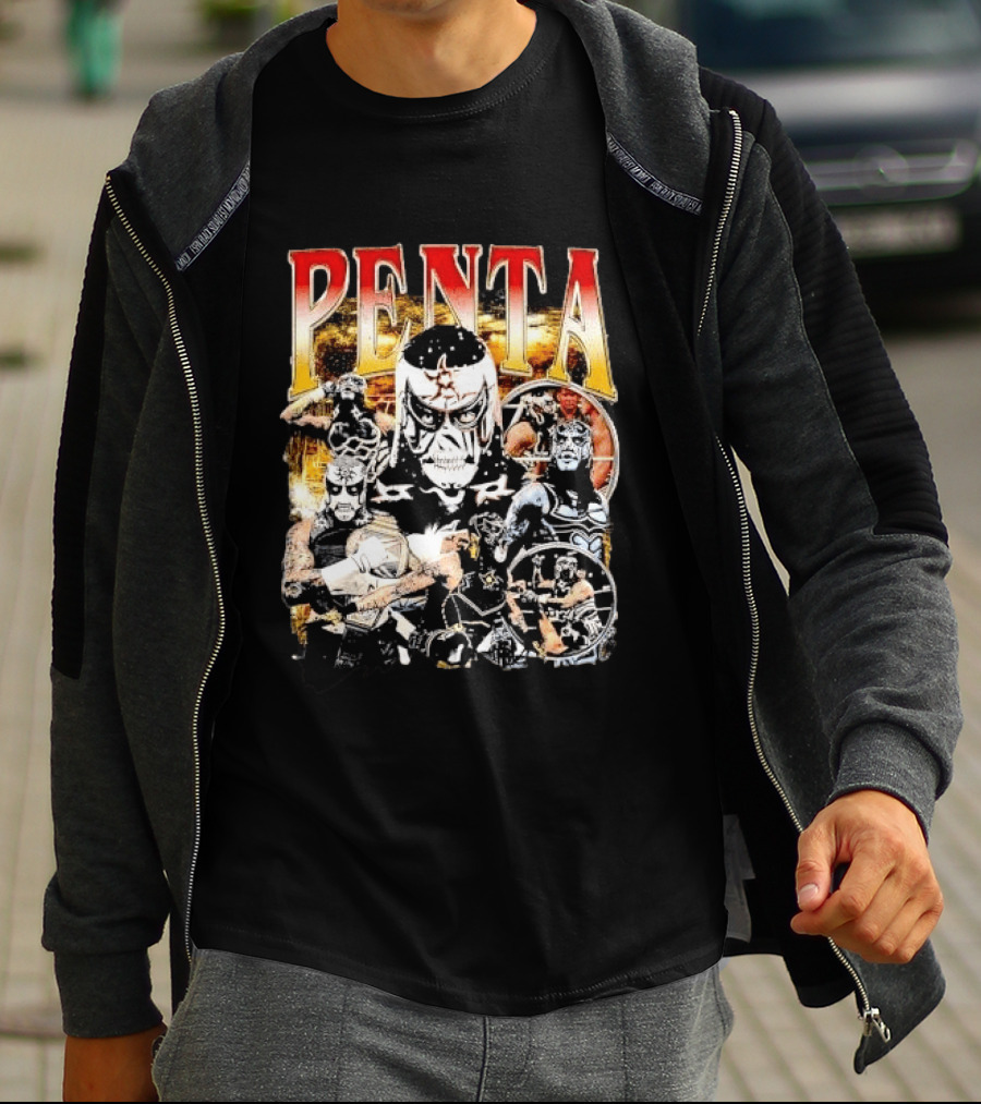 Penta Masked Luchador Wrestler Belt Photo Collage Bootleg T-Shirt