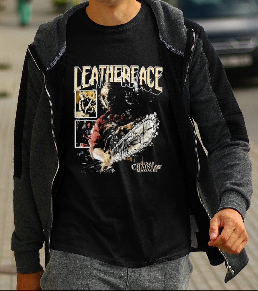 Leatherface Texas Chainsaw Massacre Horror Collage Holding Saw T-Shirt