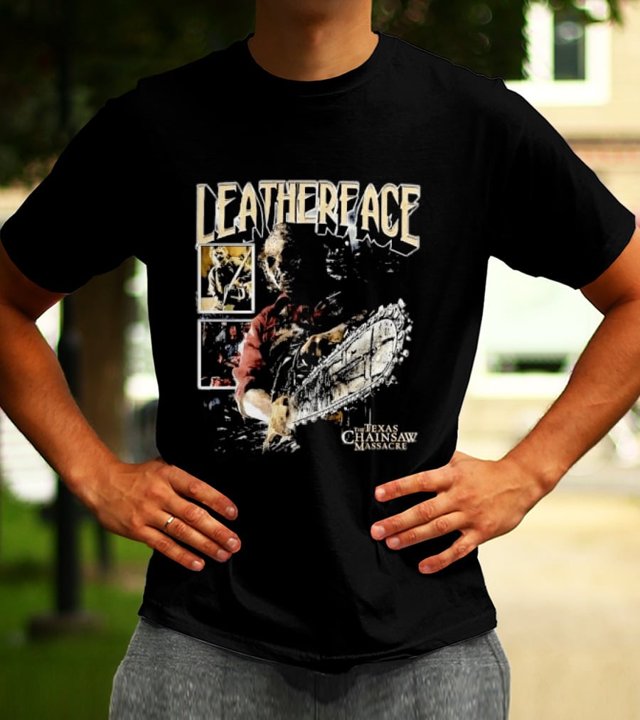 Leatherface Texas Chainsaw Massacre Horror Collage Holding Saw T-Shirt