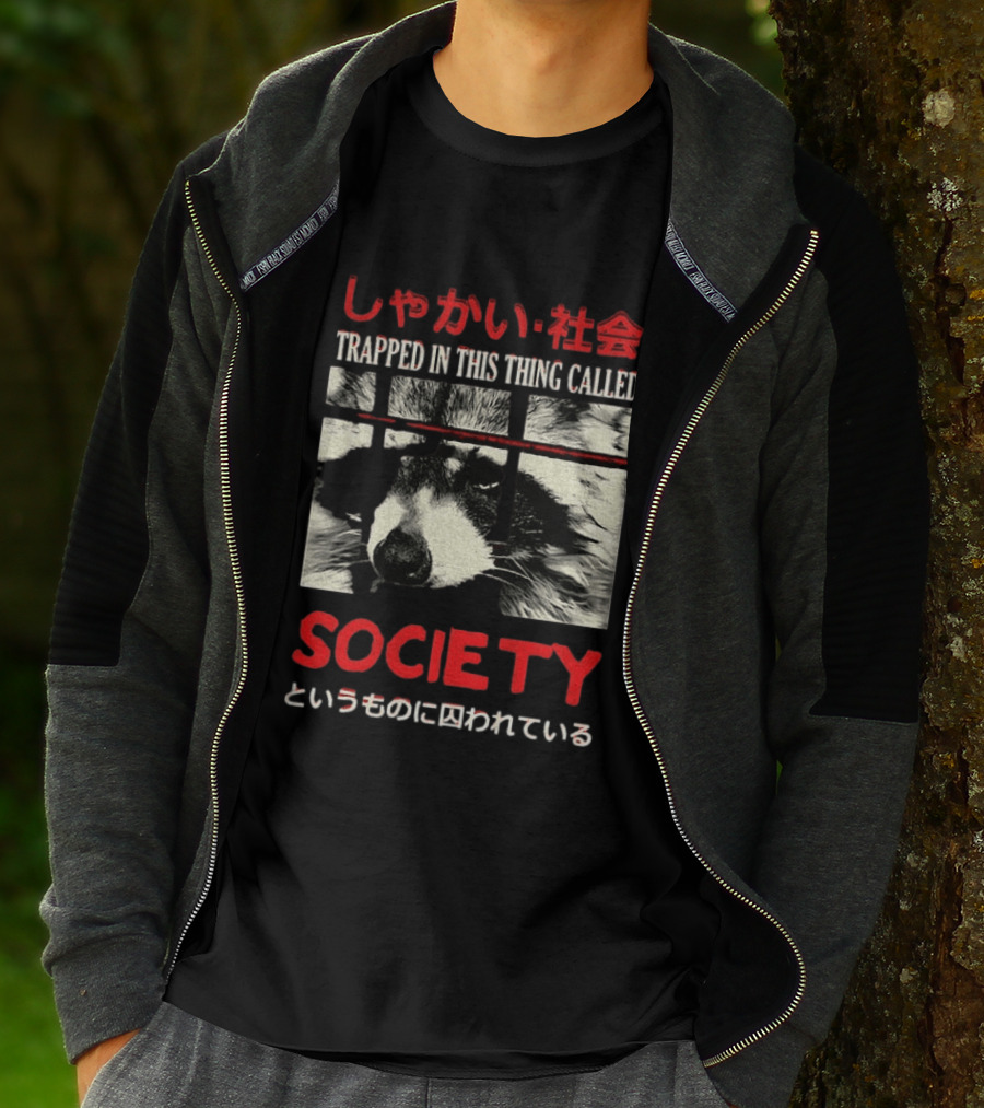 Japanese Text Raccoon Trapped In This Thing Called Society T-Shirt