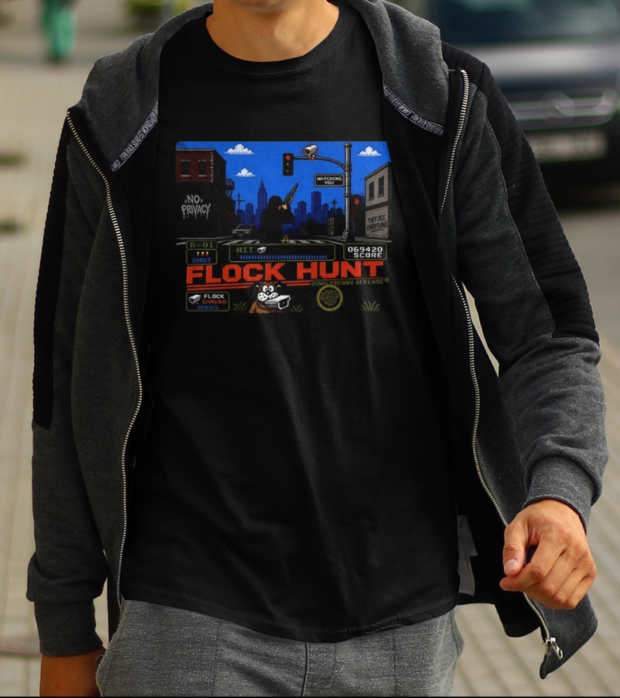Flock Hunt Surveillance Camera Shooter Dog Video Game No Privacy Dingleberry Defense T-Shirt