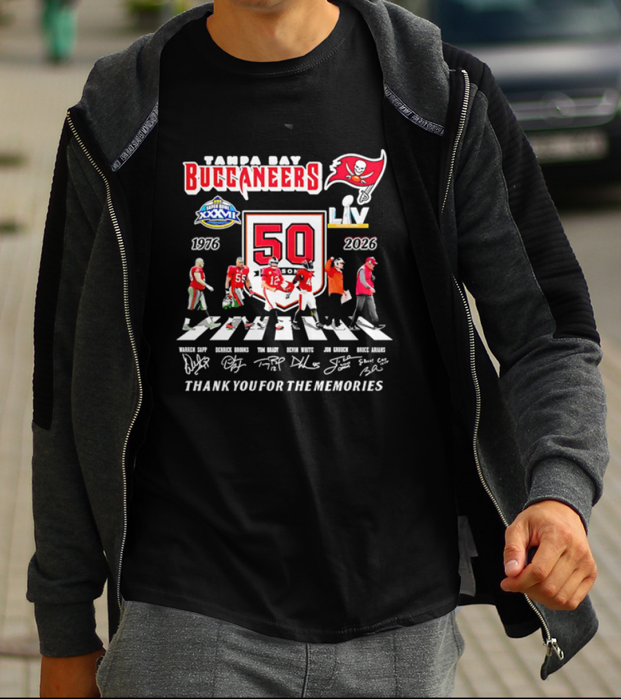 Tampa Bay Buccaneers 50th Anniversary Thank You For The Memories Warren Sapp Derrick Brooks Abbey Road Crosswalk 1976 2026 T-Shirt