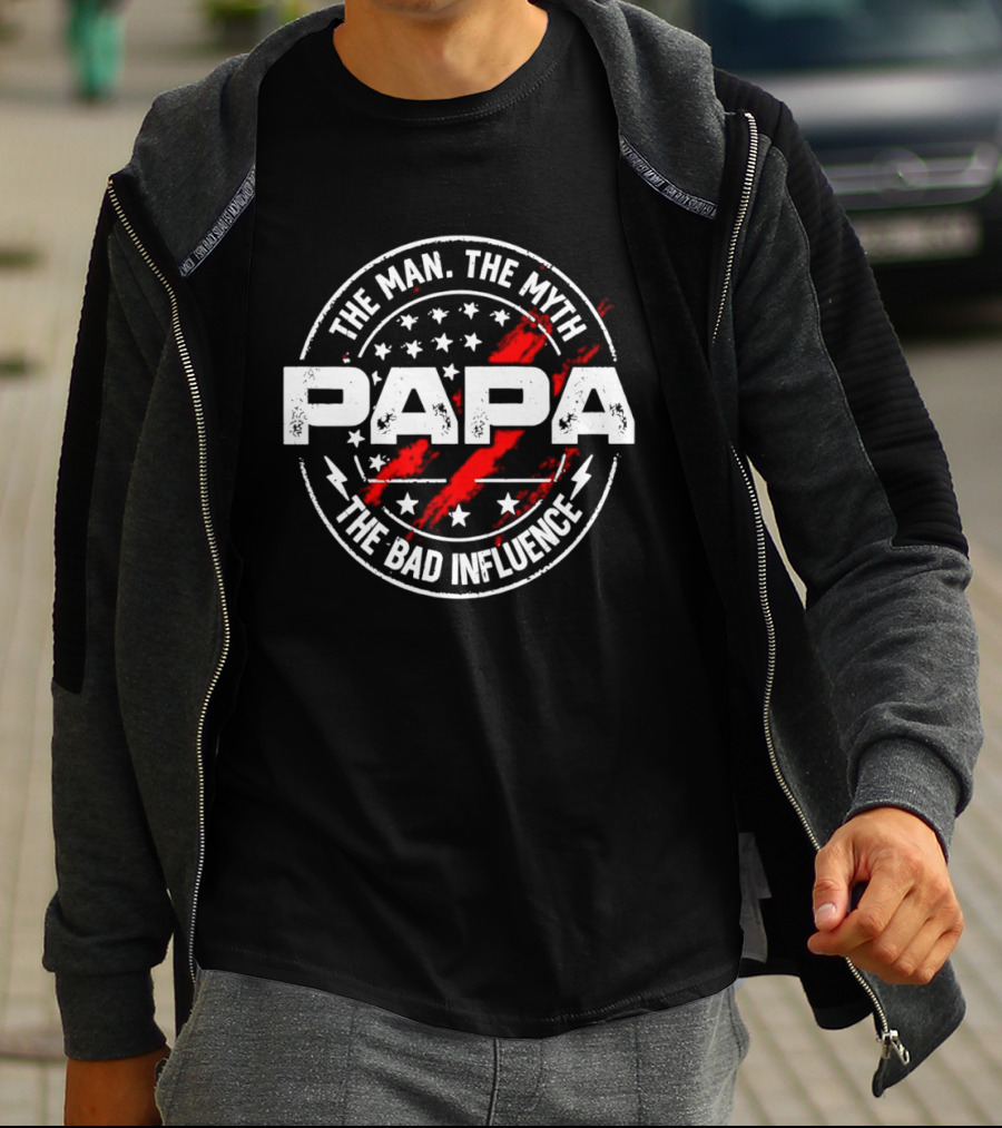The Man The Myth Papa The Bad Influence Stars And Red Splatter T-Shirt