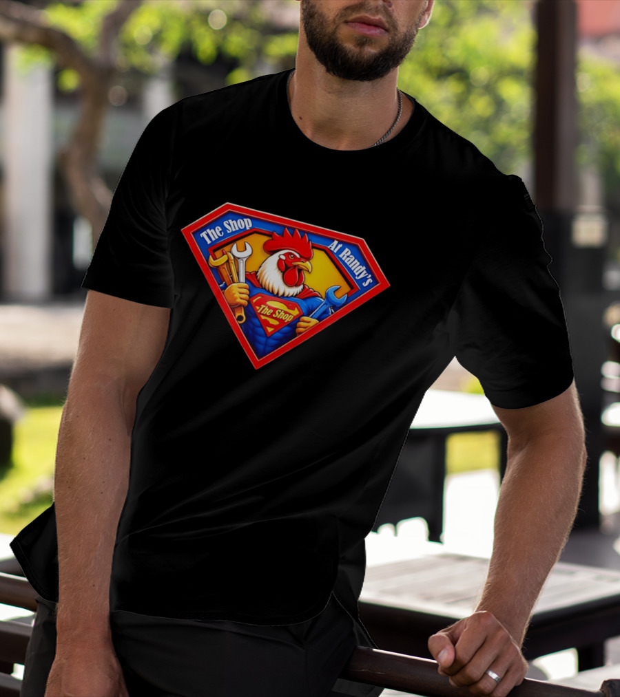 The Shop At Randy's Cartoon Rooster Superhero Wrenches Crest T-Shirt