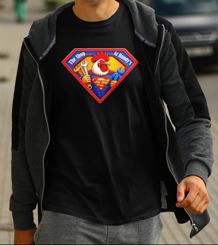The Shop At Randy's Cartoon Rooster Superhero Wrenches Crest T-Shirt