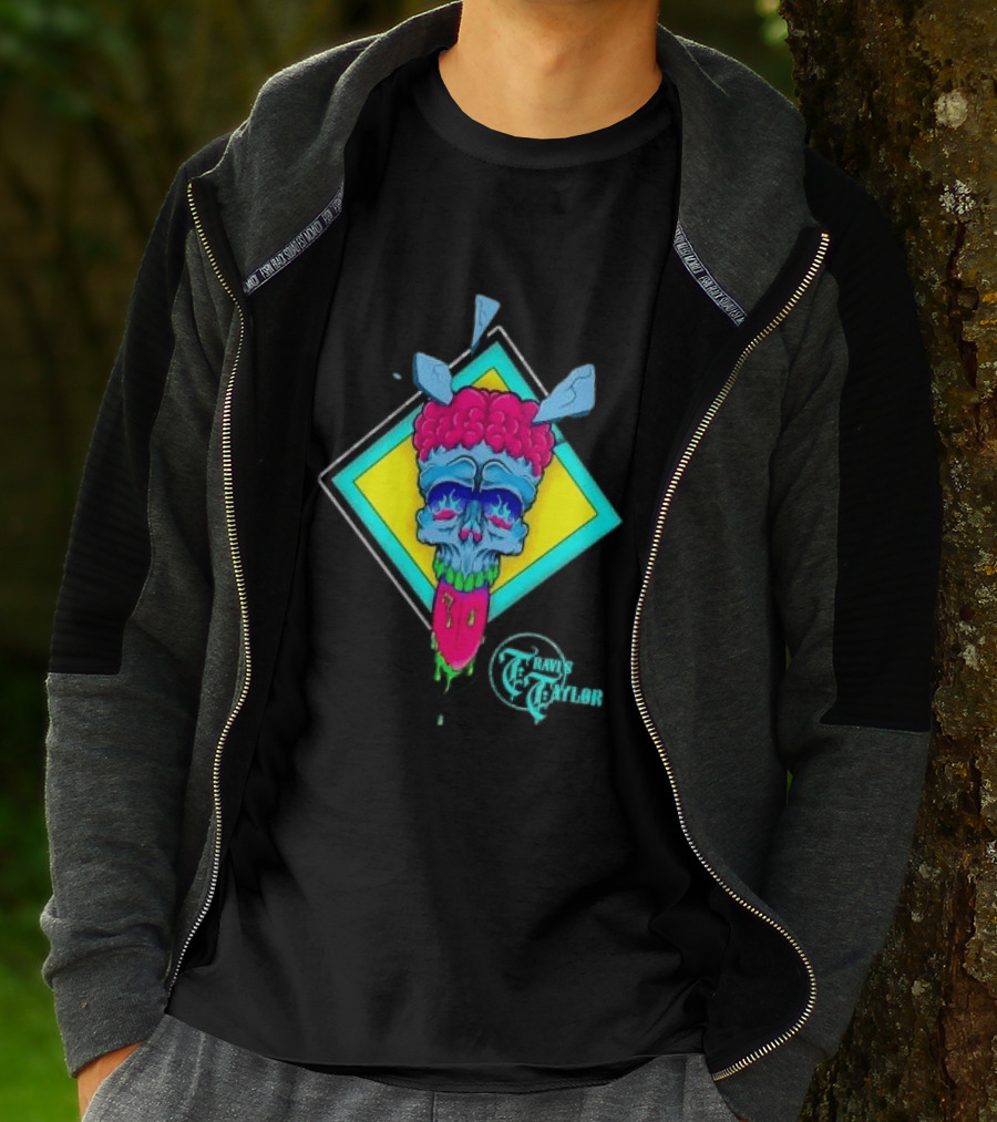 Travis Taylor Neon Skull Pink Brain Green Slime Tongue Diamond Geometric T-Shirt