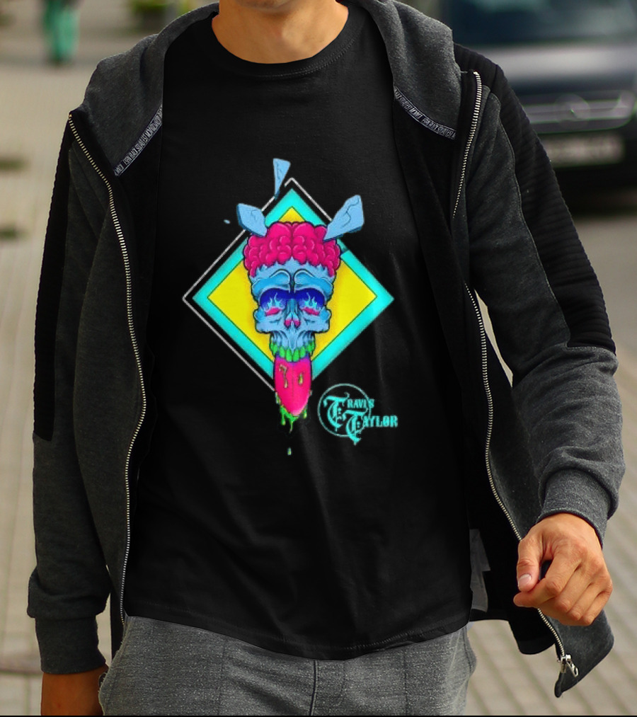 Travis Taylor Neon Skull Pink Brain Green Slime Tongue Diamond Geometric T-Shirt
