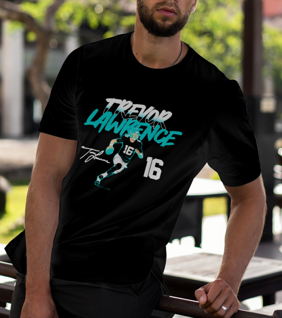 Trevor Lawrence No 16 Jaguars Signature Style Football 2026 T-Shirt