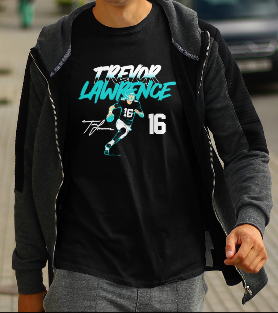 Trevor Lawrence No 16 Jaguars Signature Style Football 2026 T-Shirt
