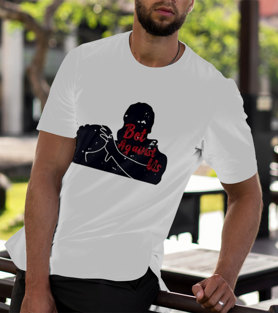 Bet Against Us Red Script Embracing Figures White Line T-Shirt