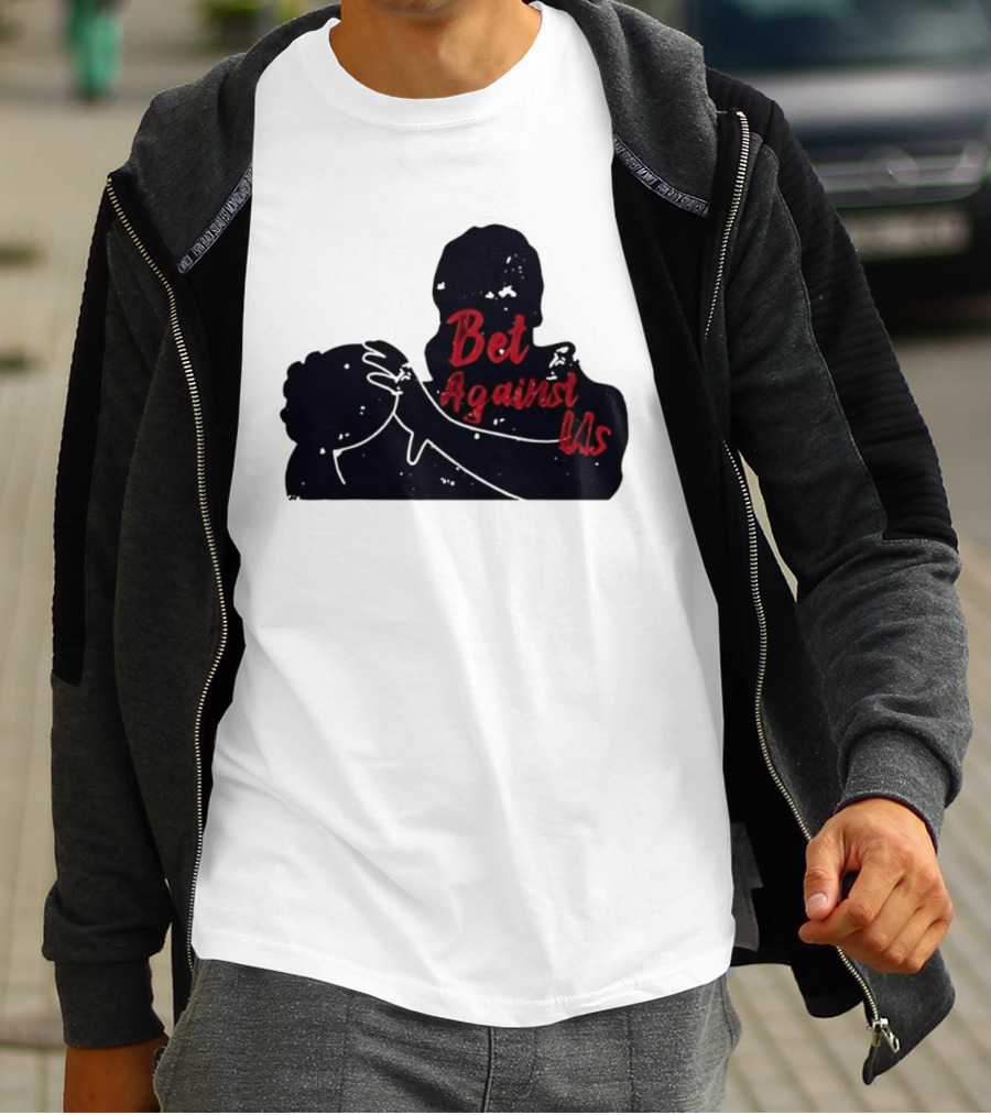 Bet Against Us Red Script Embracing Figures White Line T-Shirt