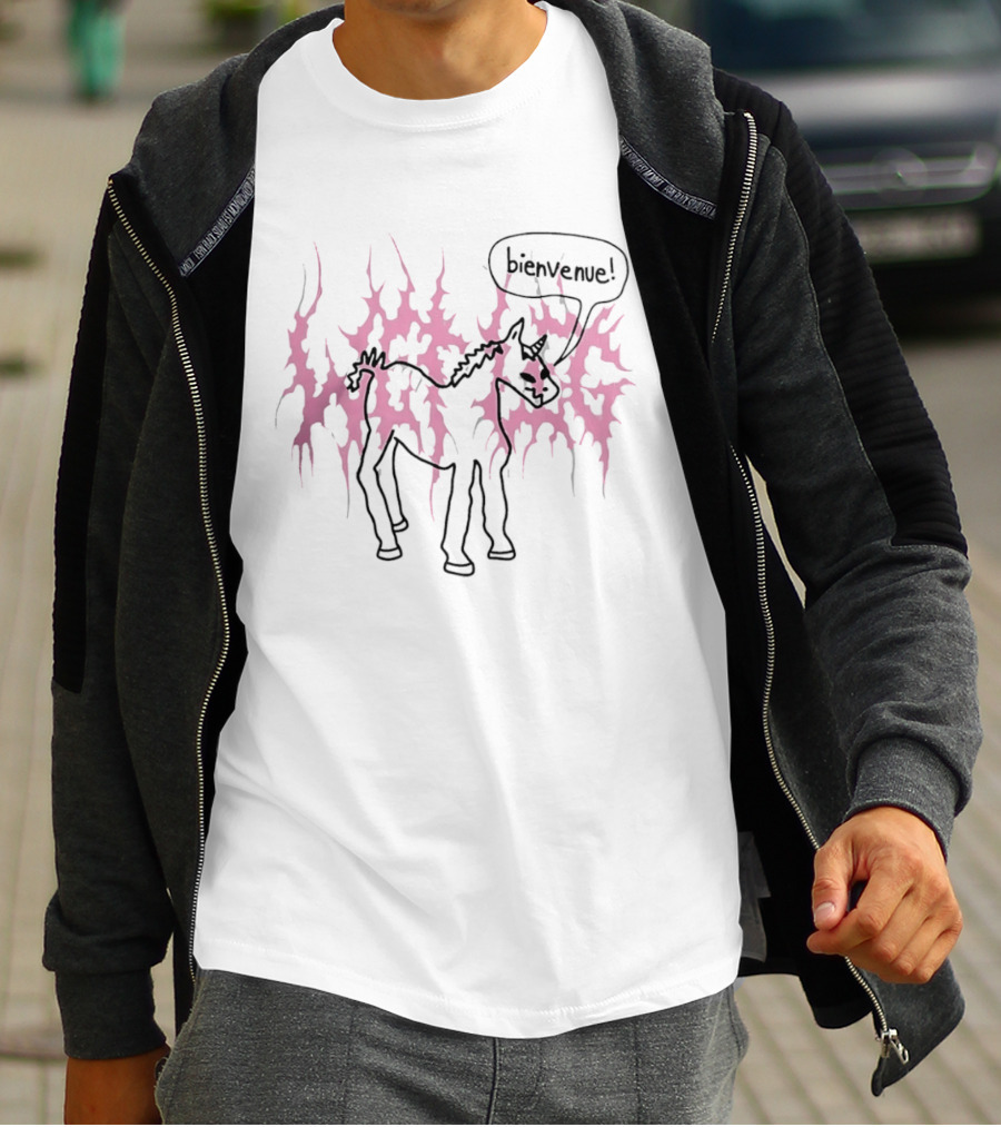 Bienvenue Cartoon Horned Unicorn Pink Flames T-Shirt
