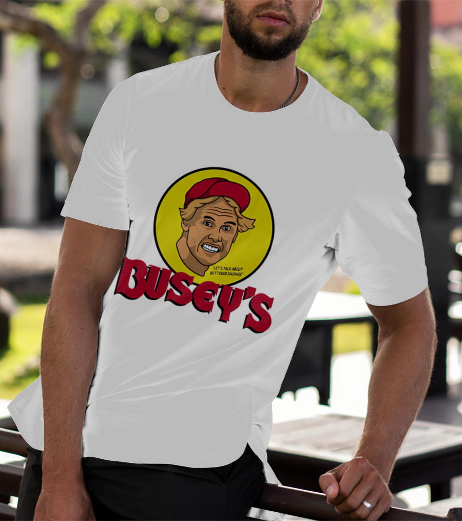 Busey's Let's Talk About Buttered Sausage Gary Busey Red Cap T-Shirt