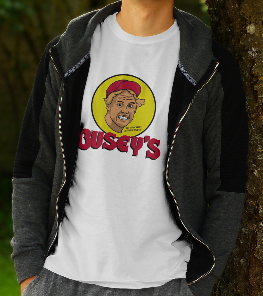 Busey's Let's Talk About Buttered Sausage Gary Busey Red Cap T-Shirt