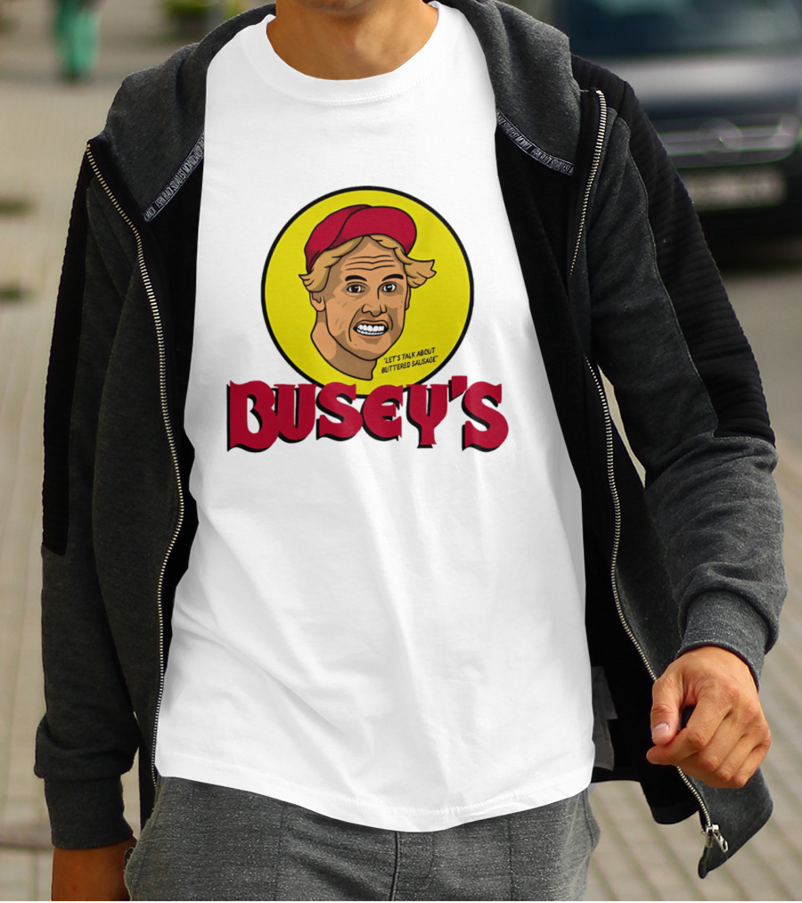 Busey's Let's Talk About Buttered Sausage Gary Busey Red Cap T-Shirt