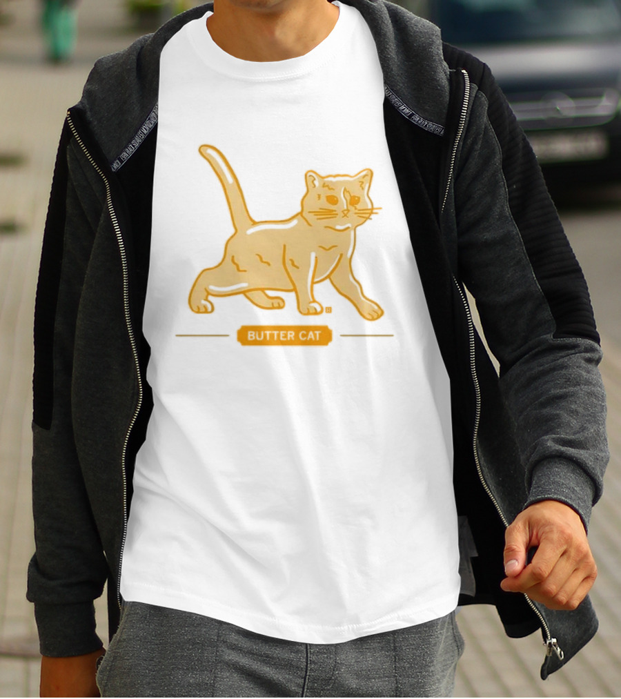 Butter Cat Yellow Orange Cartoon Walking Feline Line T-Shirt
