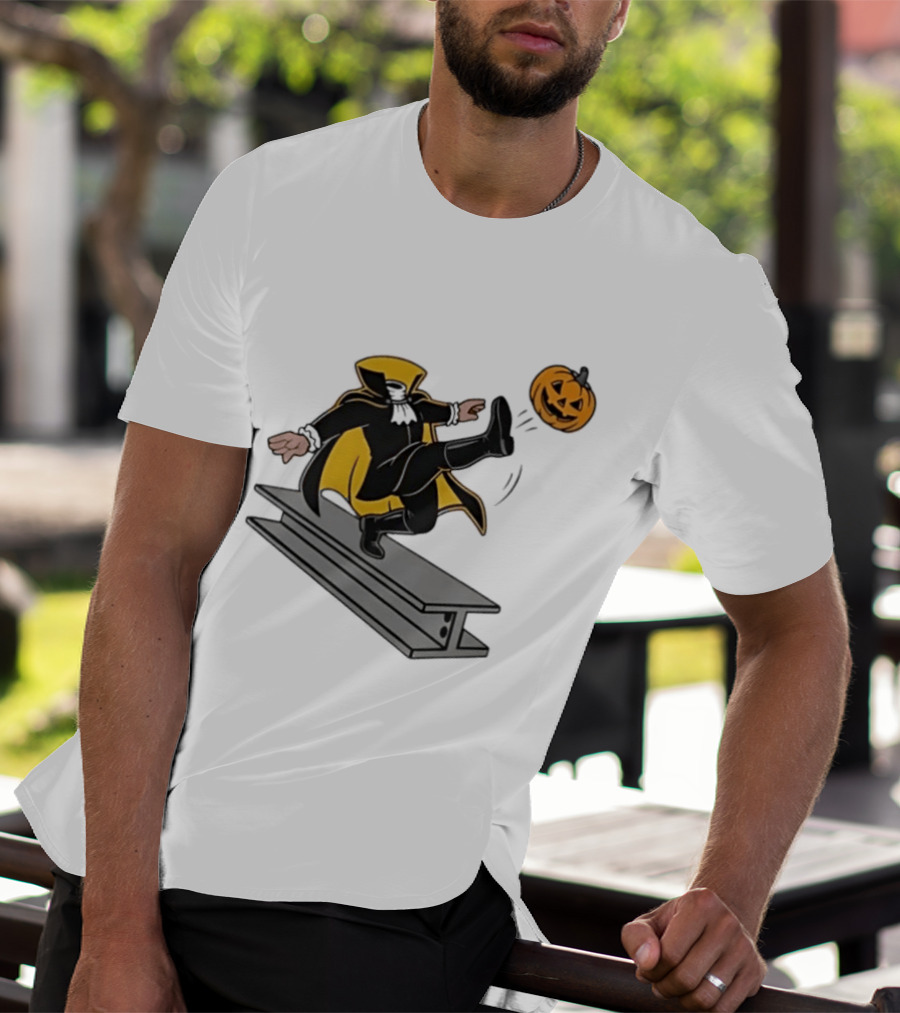 Cartoon Headless Horseman Kicking Jack O Lantern Pumpkin Steel Beam T-Shirt