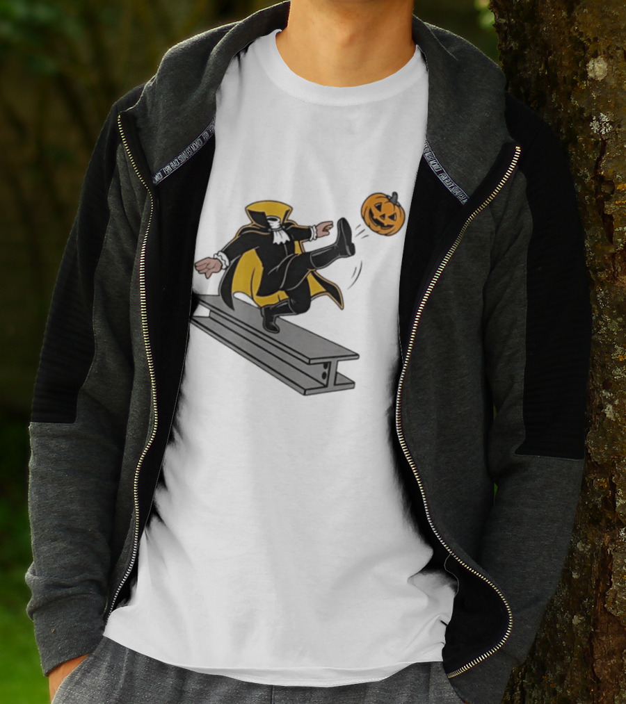Cartoon Headless Horseman Kicking Jack O Lantern Pumpkin Steel Beam T-Shirt