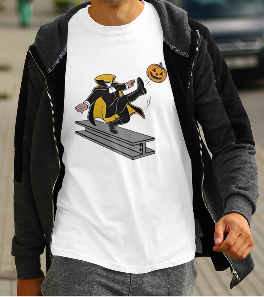 Cartoon Headless Horseman Kicking Jack O Lantern Pumpkin Steel Beam T-Shirt
