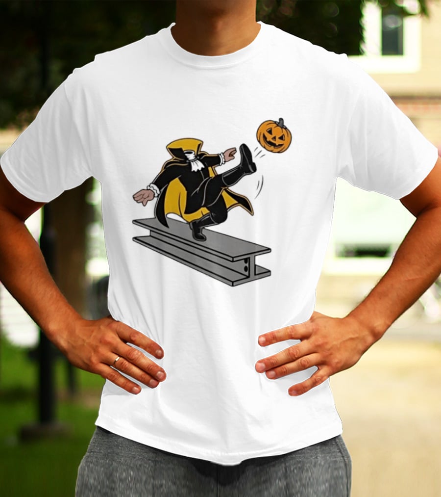 Cartoon Headless Horseman Kicking Jack O Lantern Pumpkin Steel Beam T-Shirt