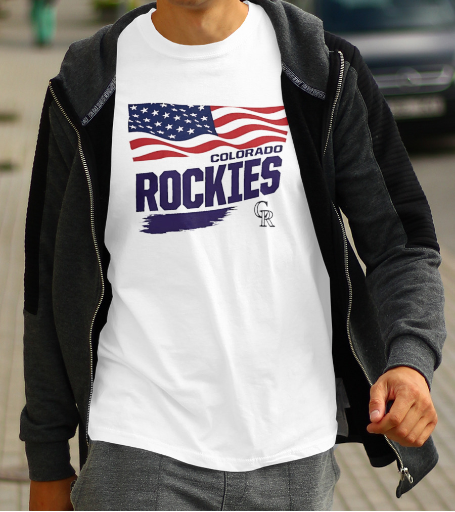 Colorado Rockies MLB American Flag Brush Stroke Waving T-Shirt