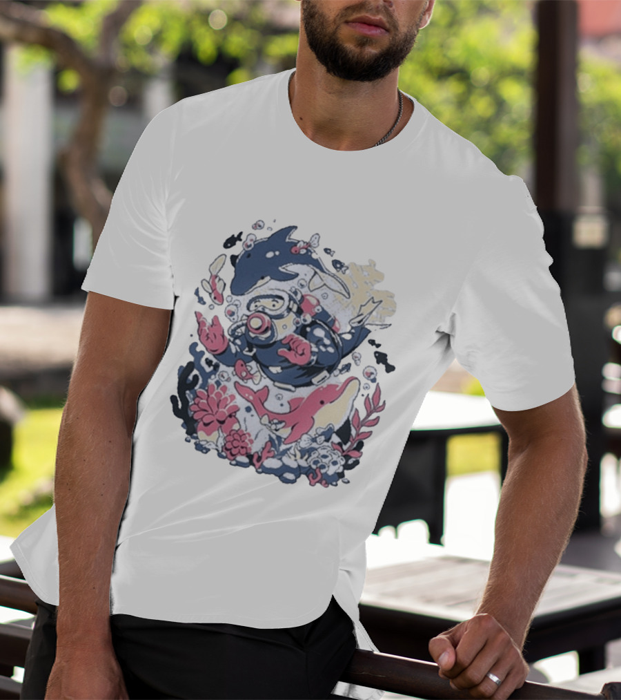 Fangamer Dolphins Dive Underwater Adventure With Diver And Marine Life T-Shirt