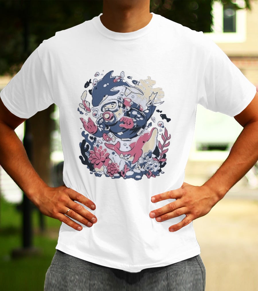 Fangamer Dolphins Dive Underwater Adventure With Diver And Marine Life T-Shirt