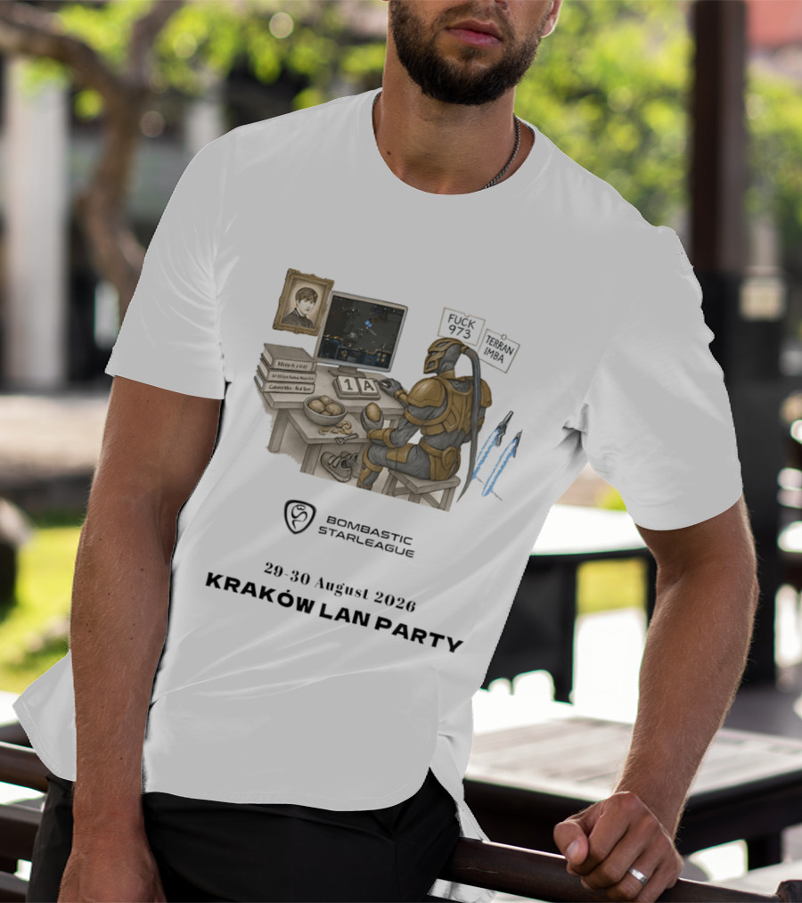 Bombastic StarLeague LAN Party Kraków August 2026 Terran Imba Micro Trap Nexus Gatewayman T-Shirt
