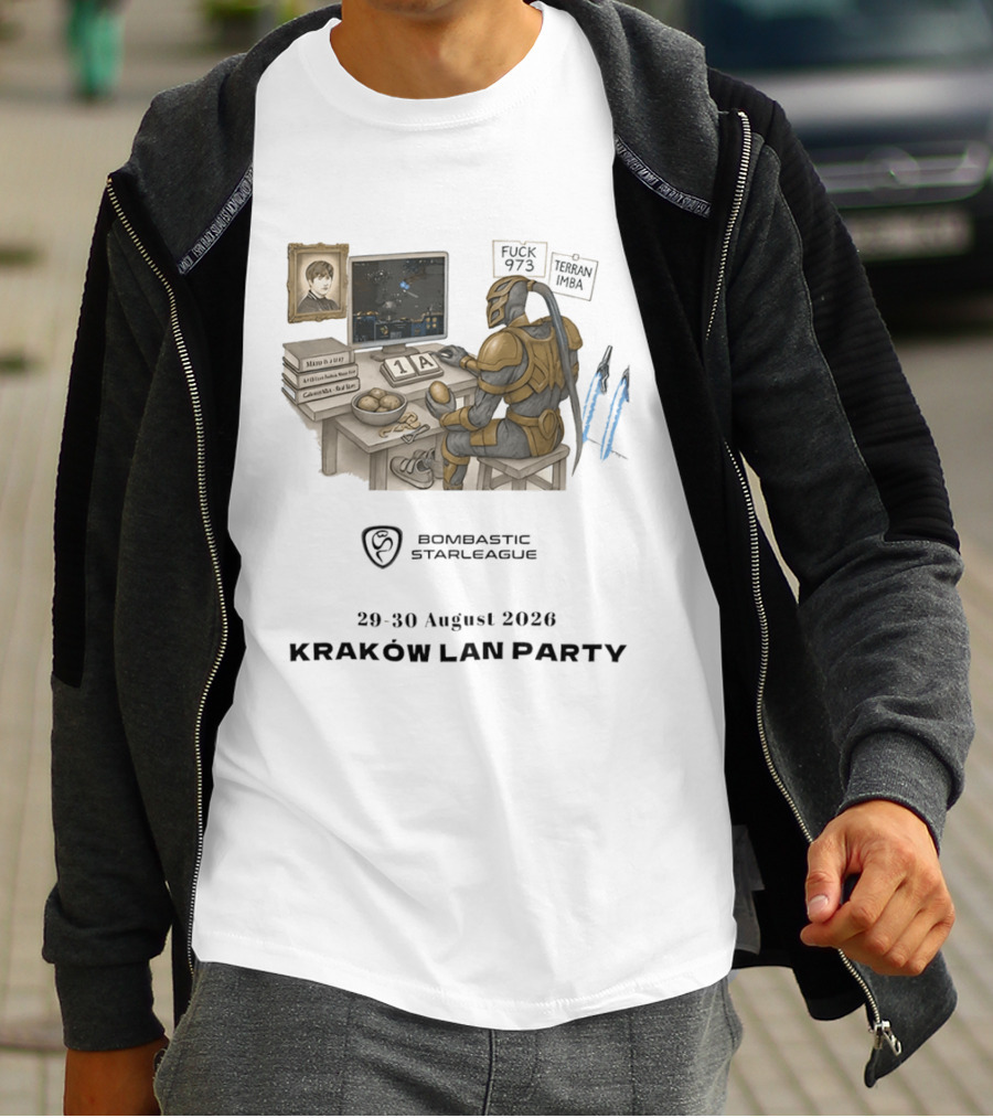 Bombastic StarLeague LAN Party Kraków August 2026 Terran Imba Micro Trap Nexus Gatewayman T-Shirt