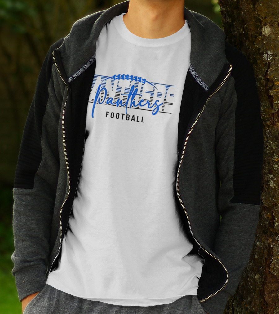 Panthers Football Blue Script Striped Laces Football T-Shirt