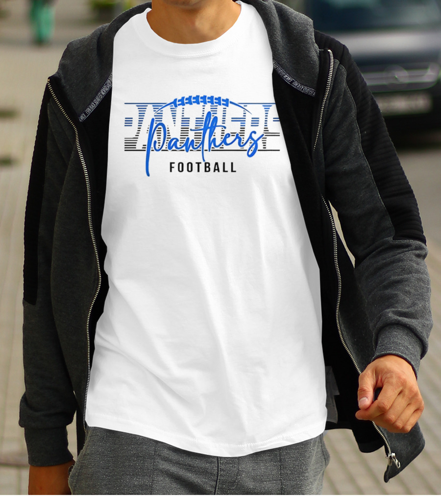 Panthers Football Blue Script Striped Laces Football T-Shirt
