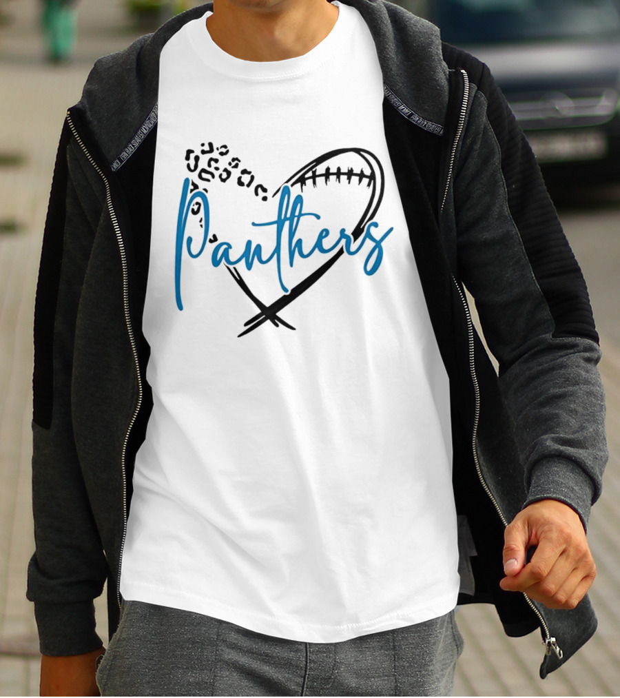 Panthers Heart Leopard Spots Football Laces Cursive Line T-Shirt