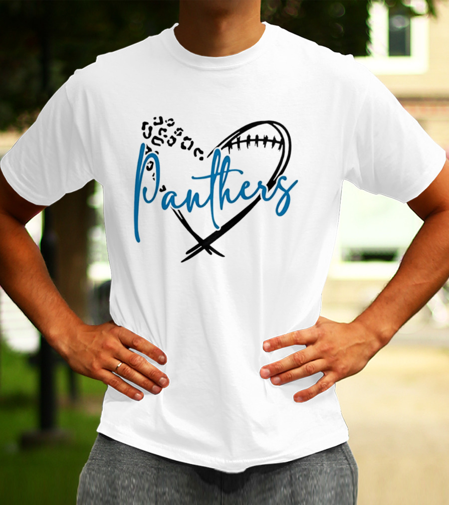 Panthers Heart Leopard Spots Football Laces Cursive Line T-Shirt