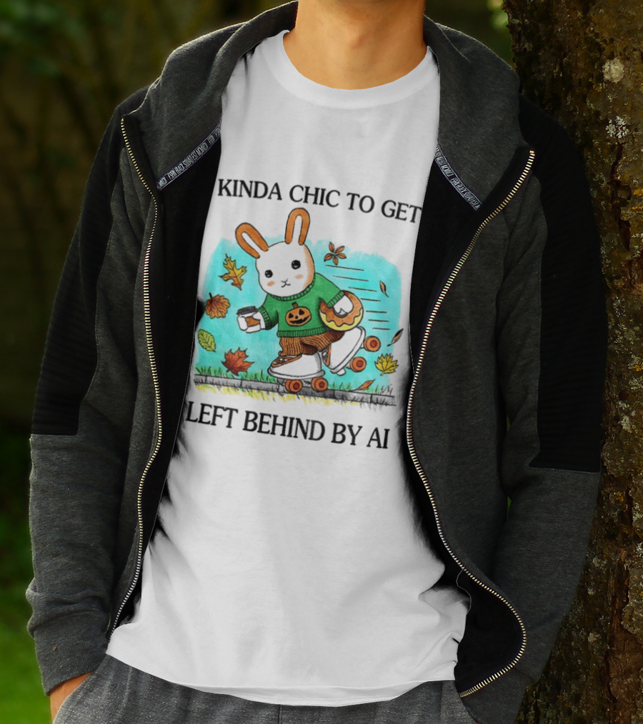 Kinda Chic Rabbit Roller Skating With Pumpkin Happy Fall Leaves Left Behind By AI T-Shirt