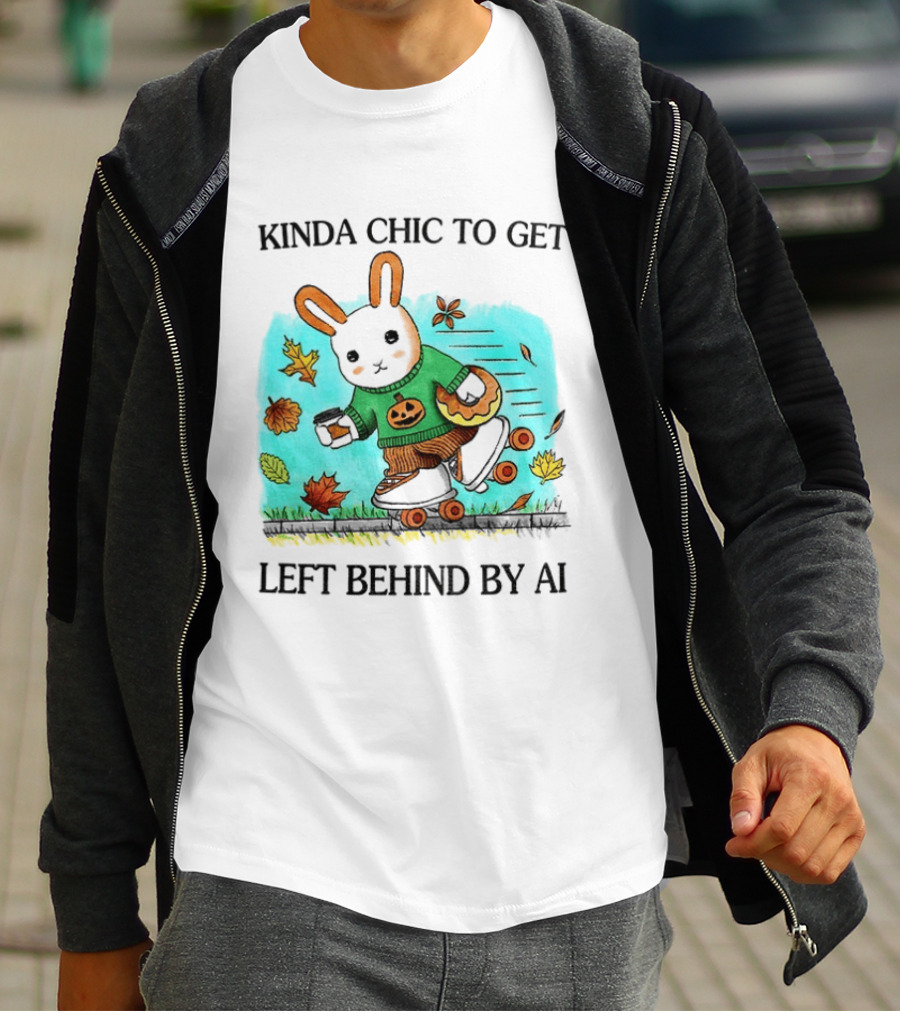 Kinda Chic Rabbit Roller Skating With Pumpkin Happy Fall Leaves Left Behind By AI T-Shirt