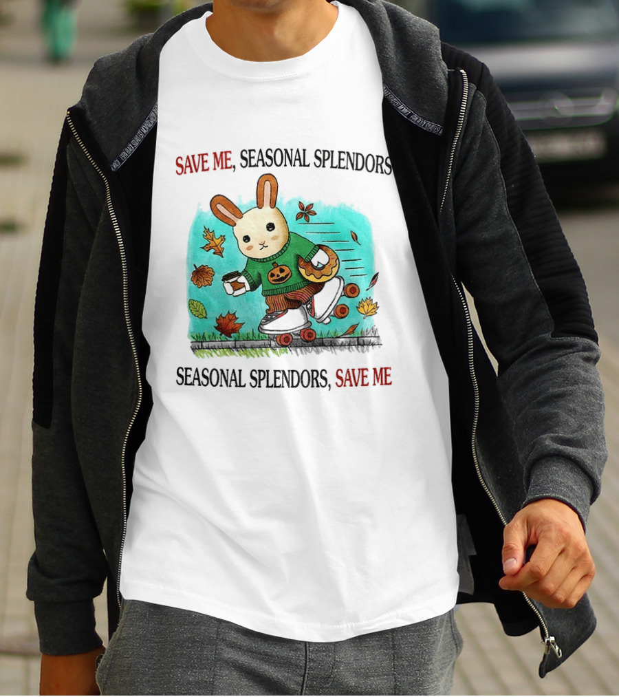 Skater Rabbit With Coffee And Donut Save Me Seasonal Splendors Leaves T-Shirt