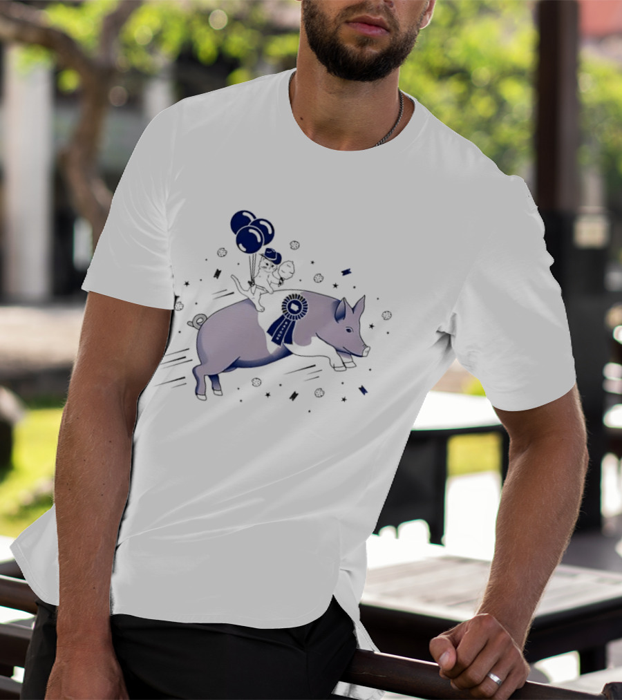 Raygun Cartoon Cowboy Cat Riding Flying Pig With Iowa Ribbon And Balloons T-Shirt