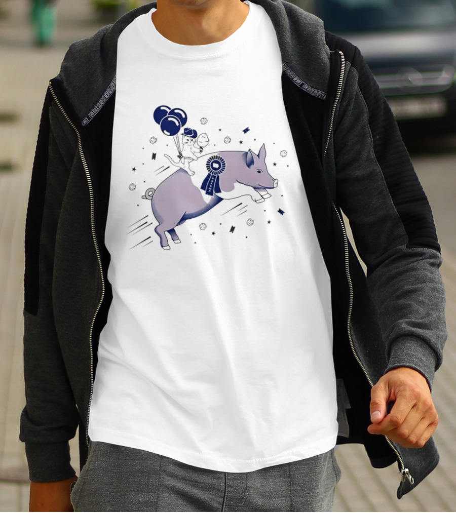 Raygun Cartoon Cowboy Cat Riding Flying Pig With Iowa Ribbon And Balloons T-Shirt
