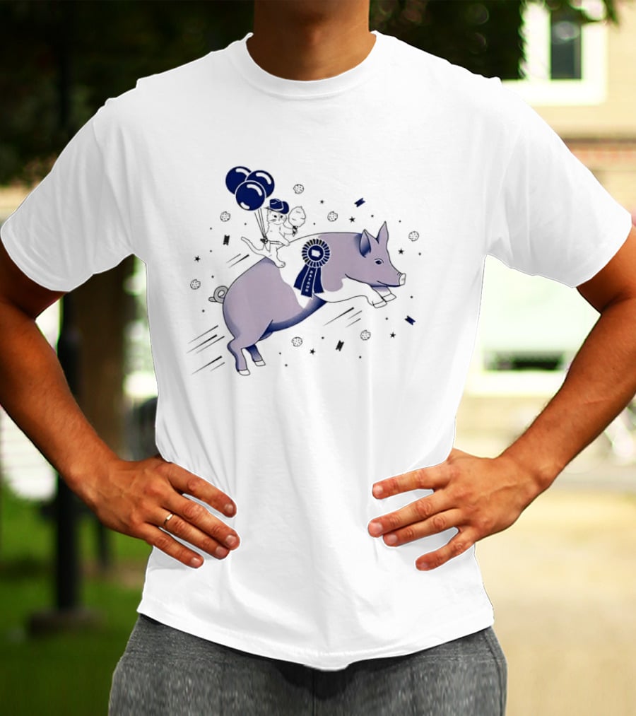 Raygun Cartoon Cowboy Cat Riding Flying Pig With Iowa Ribbon And Balloons T-Shirt