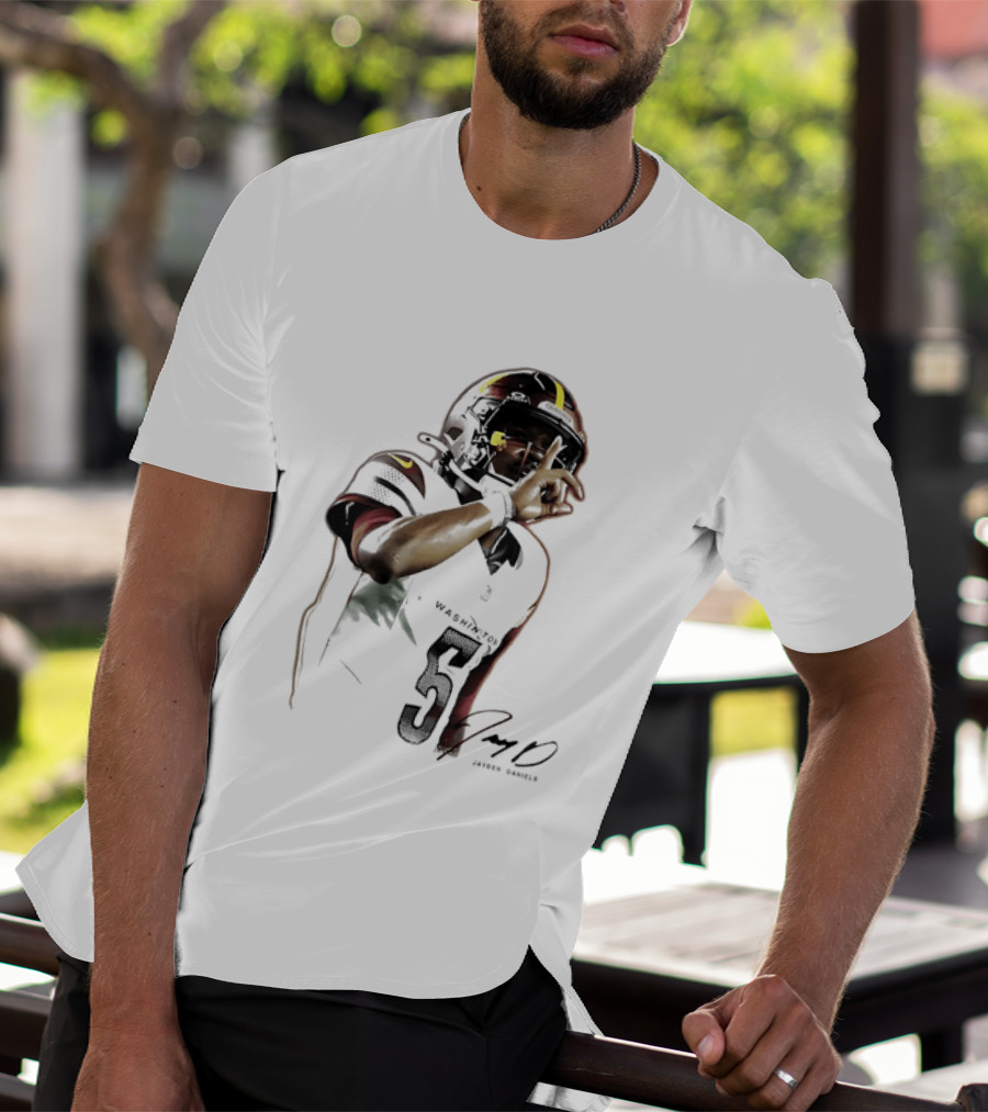 Washington Commanders Jayden Daniels Quarterback Finger To Lips Photo Cutout T-Shirt
