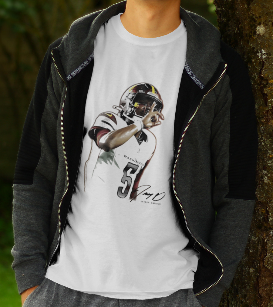 Washington Commanders Jayden Daniels Quarterback Finger To Lips Photo Cutout T-Shirt