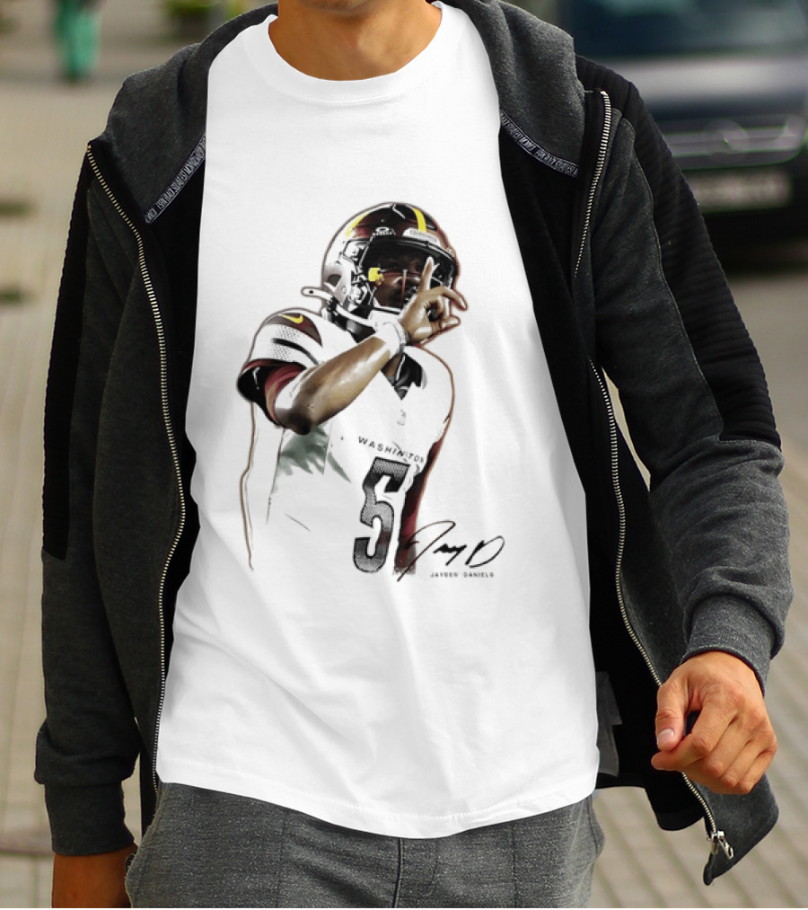 Washington Commanders Jayden Daniels Quarterback Finger To Lips Photo Cutout T-Shirt
