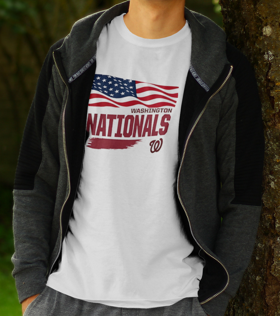 Washington Nationals Waving American Flag Red Brushstroke MLB T-Shirt