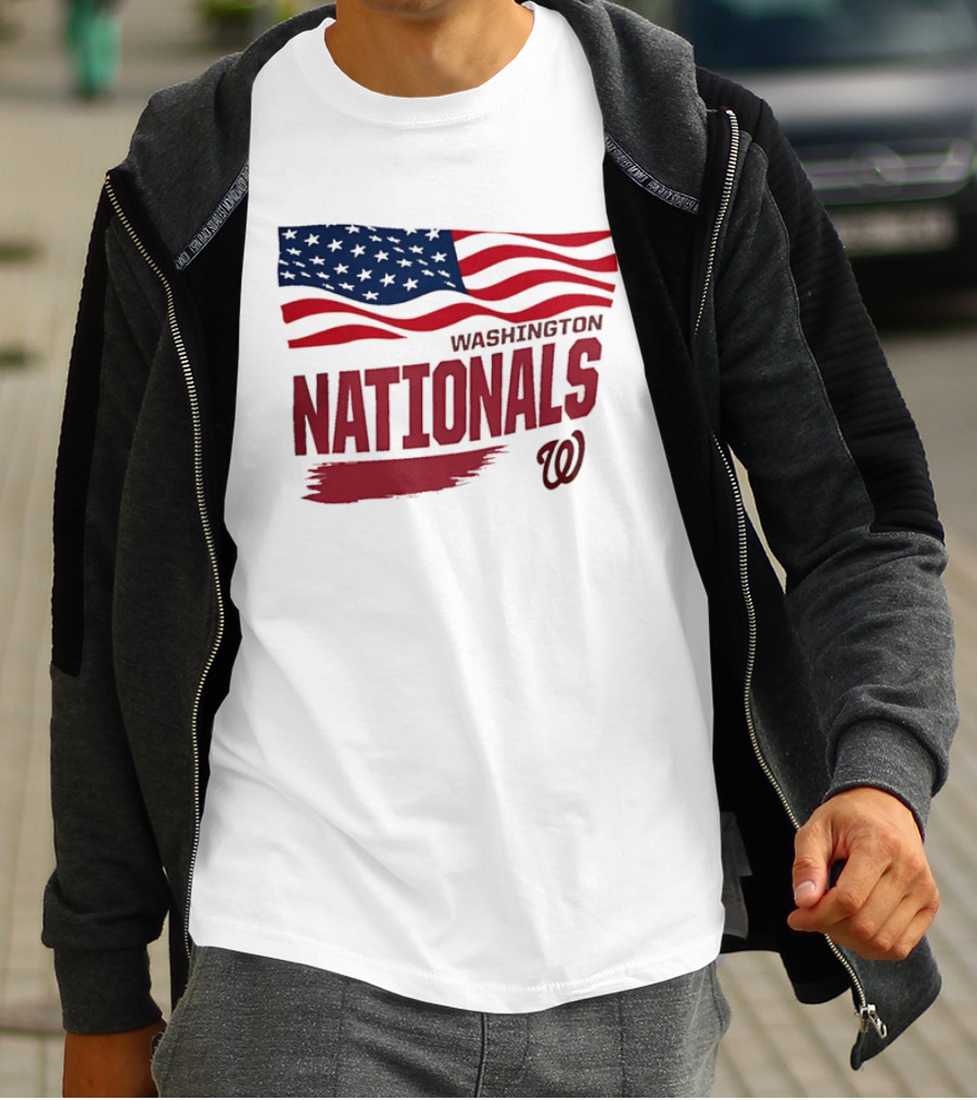 Washington Nationals Waving American Flag Red Brushstroke MLB T-Shirt