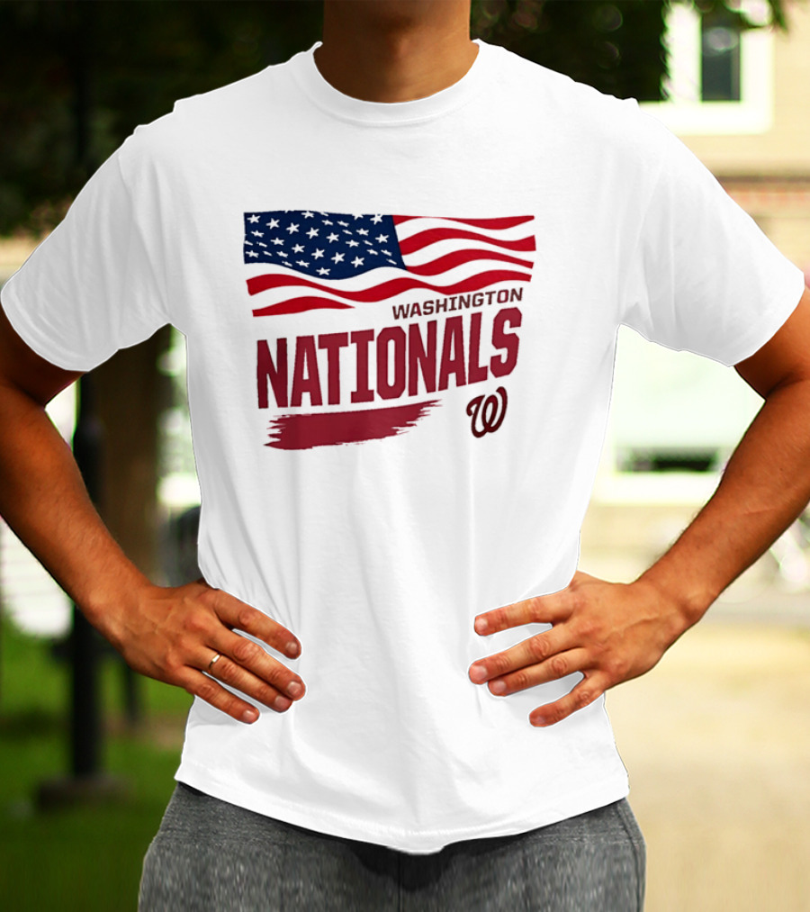 Washington Nationals Waving American Flag Red Brushstroke MLB T-Shirt